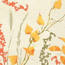 Botanisk illustration med orange, gula och gröna växter på en beige dukliknande bakgrund. Perfekt som servetter 33x33 3-lagers 1/4 vik Beauty (50 stycken) från Duni GmbH för elegant bordsdekoration. Texten "Duni" finns i det nedre högra hörnet.