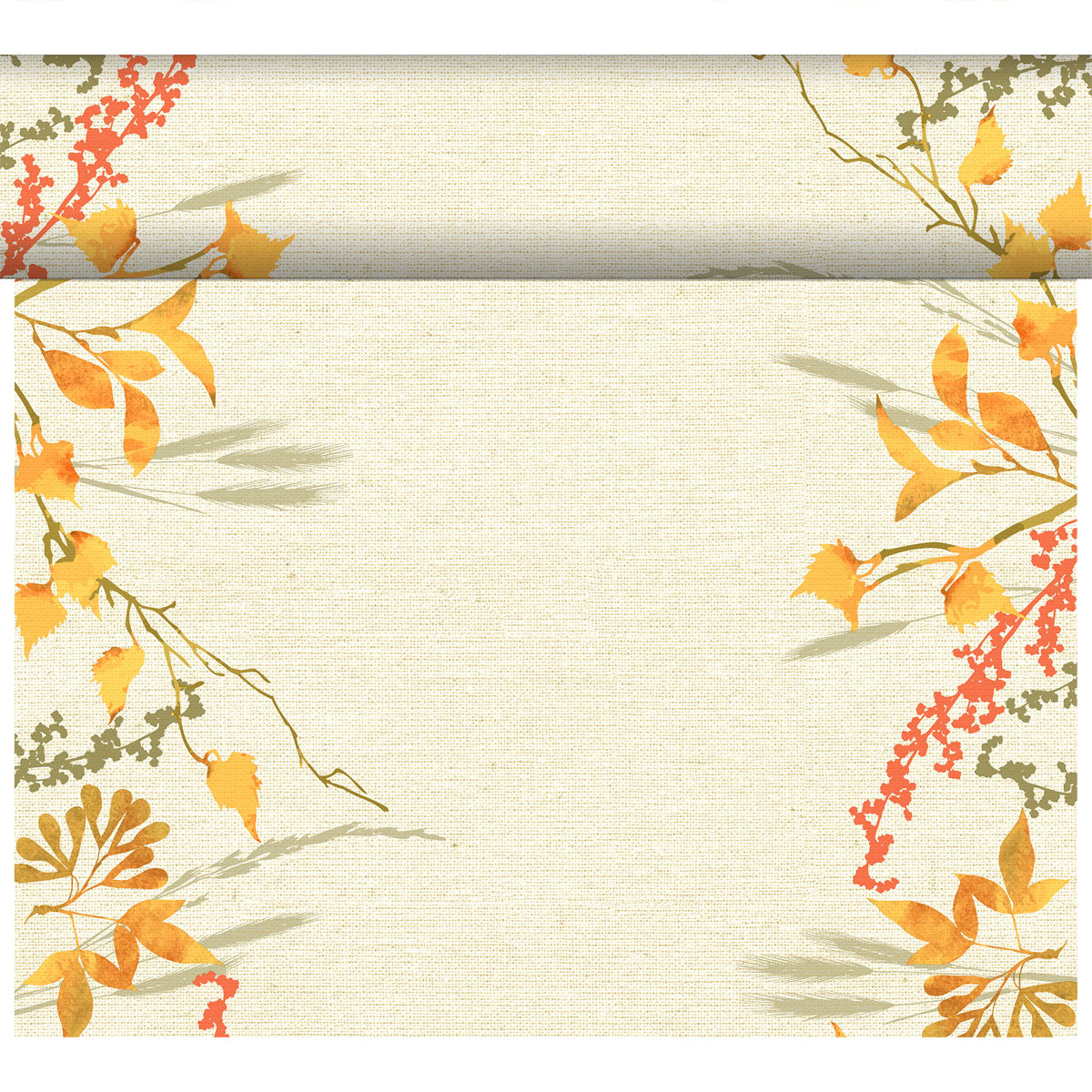 Ein strukturierter beiger Hintergrund mit Herbstblättern und -zweigen im Aquarellstil umrahmt jede Ecke und erinnert an den Dunicel Tete-a-Tete Tischläufer 0,4x24m Fall Beauty von Duni GmbH, wobei die Mitte frei bleibt.