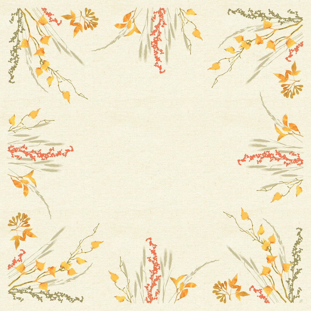 Dunicel-mittelduken 84x84 Fall Beauty från Duni GmbH har en beige bakgrund, som ramas in av lysande höstlöv och en mjuk akvarelleffekt, perfekt för höstdukning. Förpackningen innehåller 20 stycken.