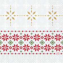 Die Servietten 33x33 3lagig 1/4 Tradition von Duni GmbH zeigen goldene, rote und grüne Sterne und Schneeflocken in Reihen auf Weiß, die an klassische Weihnachtsdekoration erinnern. Die Packung enthält 50 Stück.