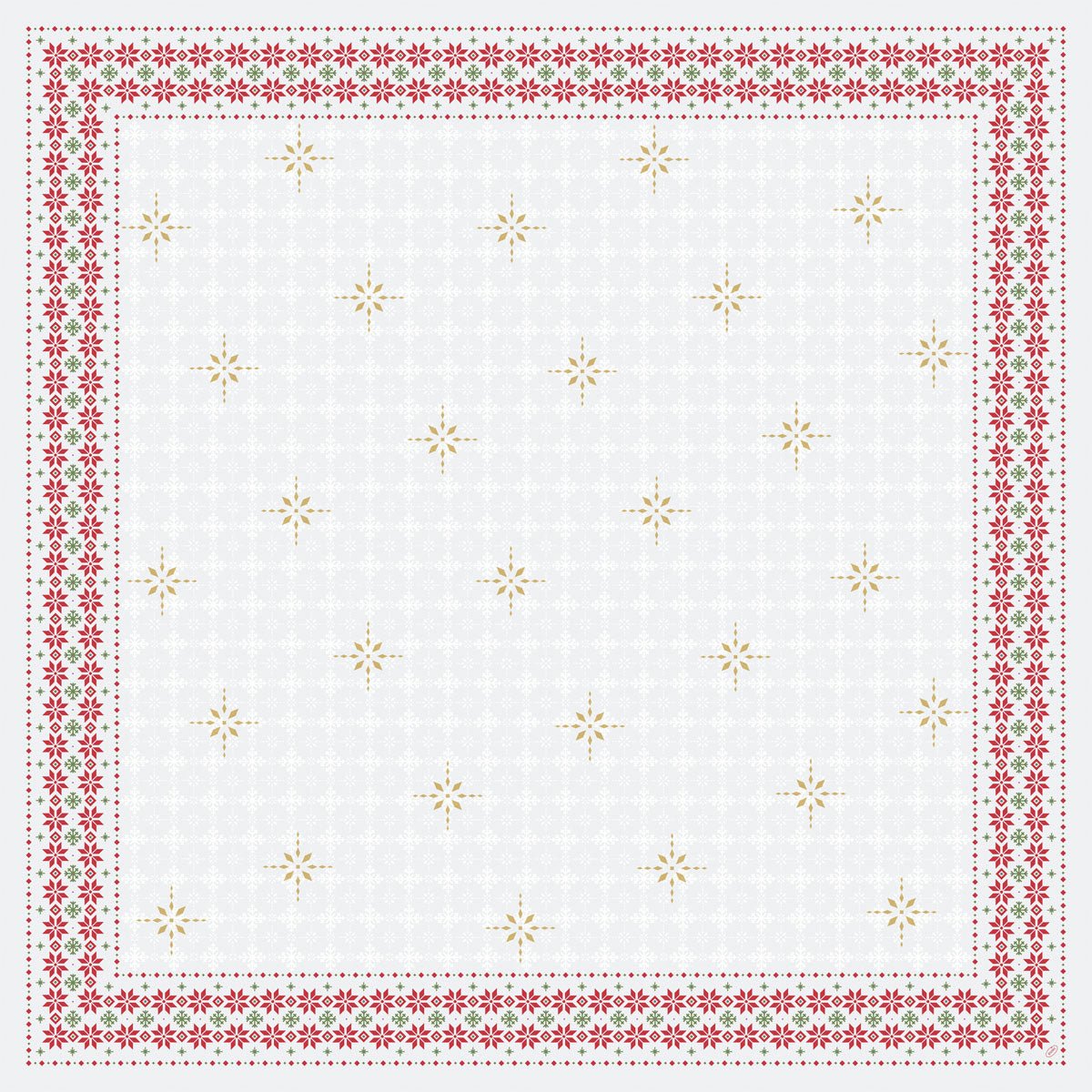 Dunicel-mittelduken 84x84cm Tradition från Duni GmbH har en vit bakgrund med återkommande gyllene stjärnor och bårder av röd-gröna blommiga och geometriska mönster och är därmed idealisk som festlig bordsdekoration. Förpackad i 1 kartong.