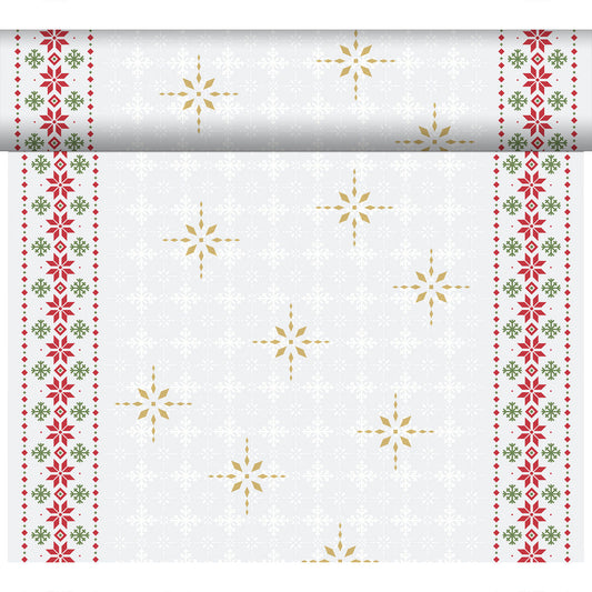 Das Dunicel-Tete a Tete 0,4x24m von Duni GmbH zeigt goldene Schneeflocken in der Mitte, rote und grüne Blumenbordüren und einen dezenten weißen Schneeflockenhintergrund - perfekt als eleganter Tischläufer oder Tischdekoration.