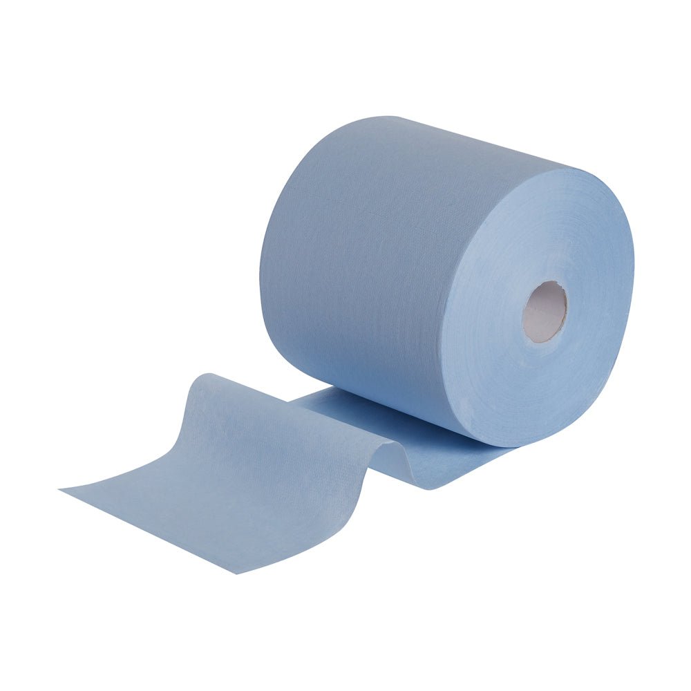 En delvis utrullad WypAll® L10 EXTRA+ torkduk stor rulle (38,00 cm x 23,50 cm) från Kimberly-Clark GmbH på vit bakgrund, idealisk för rengöring av ytor.
