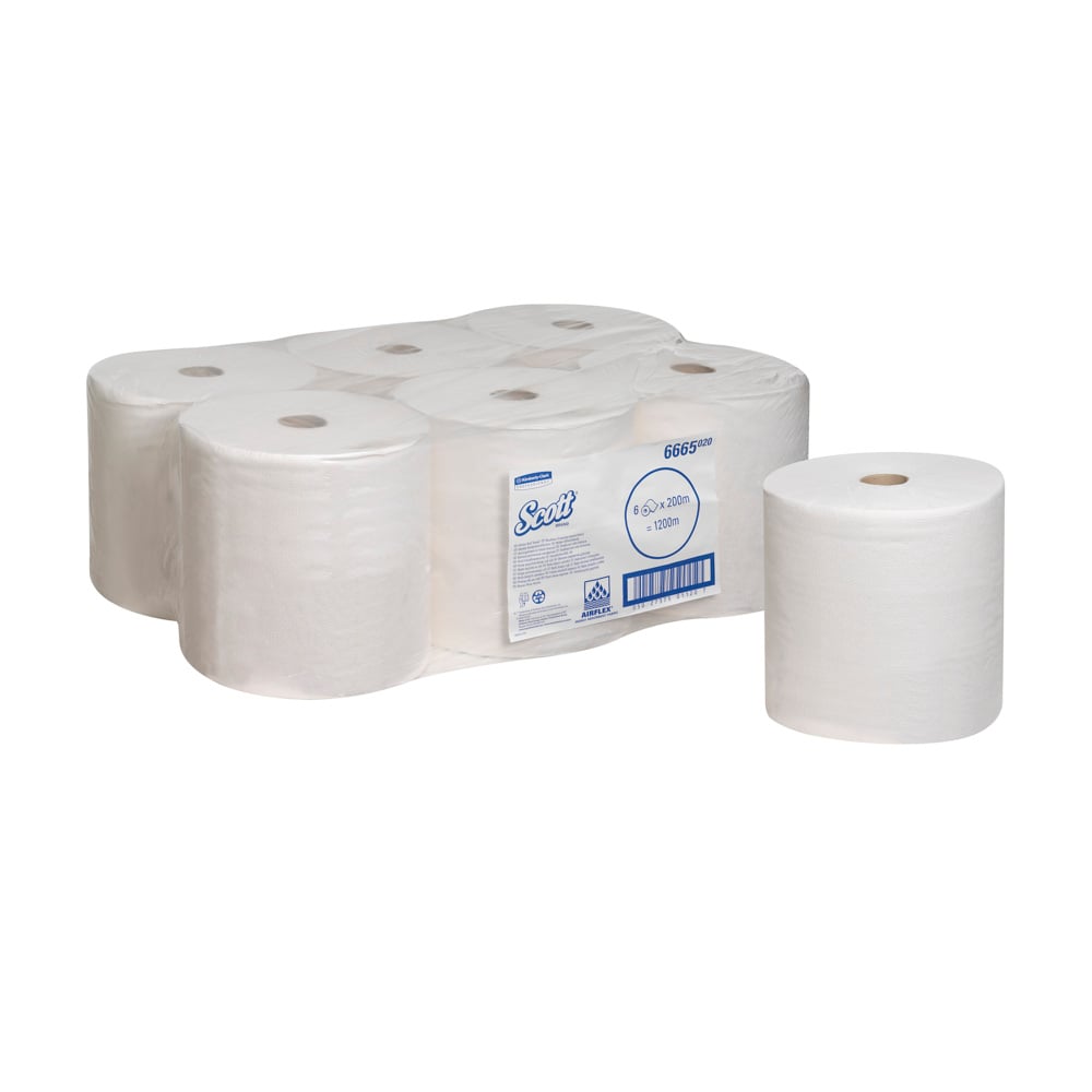 Ett paket med sex Scott® PERFORMANCE-handdukar (Kimberly-Clark GmbH), fem förpackade i genomskinlig plast och en oförpackad, stående upprätt på vit bakgrund med synlig produktetikett.