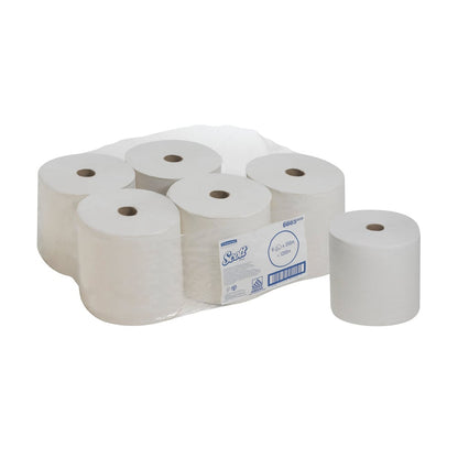 Ett paket med sex Scott® PERFORMANCE-handdukar - rulle / vit från Kimberly-Clark GmbH - fem rullar i klar plast, en av dem oförpackad - på en enkel vit bakgrund.