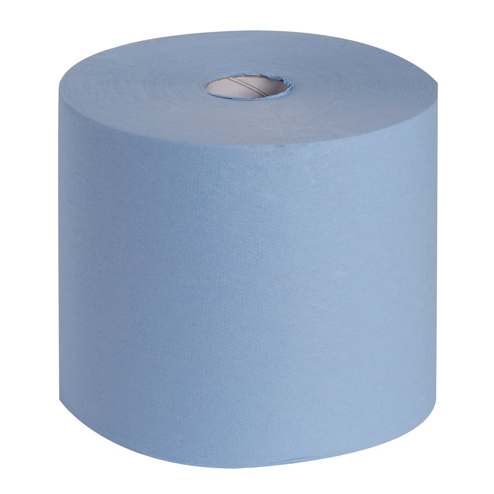 En stor WypAll® L10 EXTRA+ torkduk stor rulle (38,00 cm x 23,50 cm) från Kimberly-Clark GmbH, ljusblå med synlig pappkärna mot vit bakgrund - idealisk för rengöring av ytor.