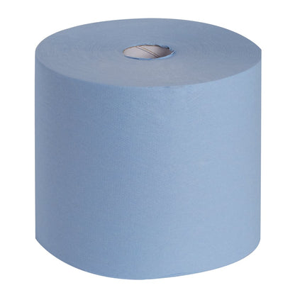 En stor WypAll® L10 EXTRA+ torkduk stor rulle (38,00 cm x 23,50 cm) från Kimberly-Clark GmbH, ljusblå med synlig pappkärna mot vit bakgrund - idealisk för rengöring av ytor.