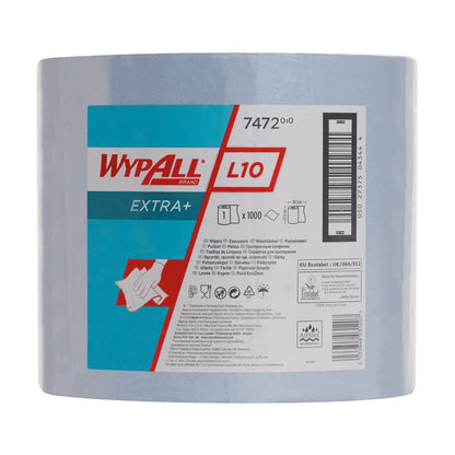 En stor rulle WypAll® L10 EXTRA+ torkduk (38,00 cm x 23,50 cm) från Kimberly-Clark GmbH, med en flerspråkig etikett med produktinformation, varumärke och illustrationer för ytrengöring.