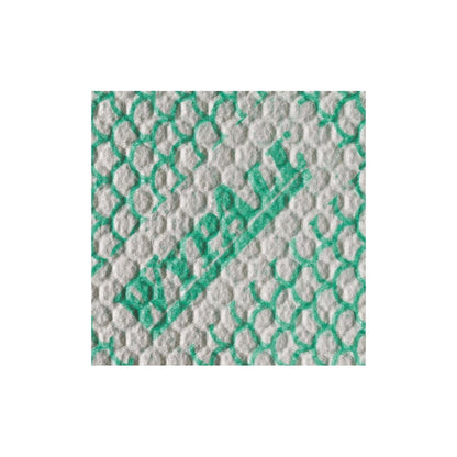 Närbild av en vit, strukturerad WypAll® X80 Plus Critical Clean duk från Kimberly-Clark GmbH med grönt mönster och delvis branding, liknande rengöringsduken för kritiska miljöer.