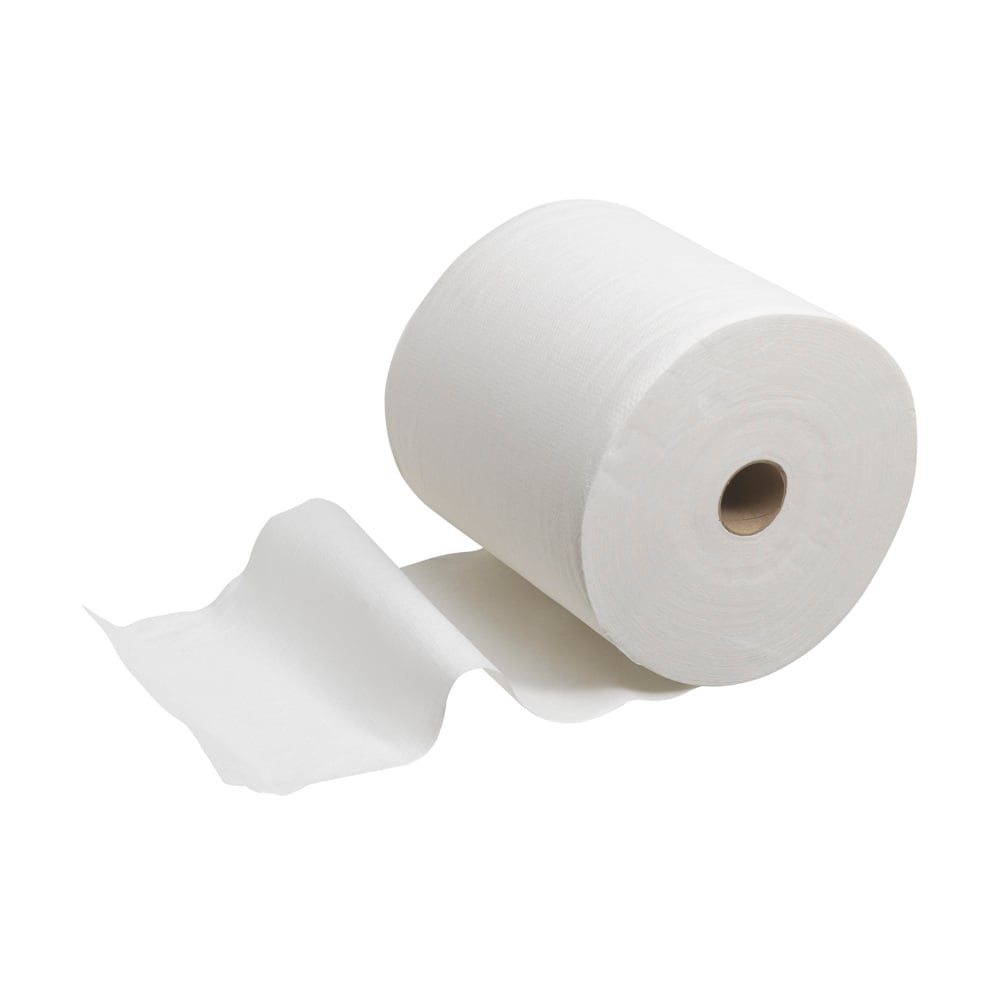 En enda rulle Scott® PERFORMANCE-handdukar från Kimberly-Clark GmbH i vitt, idealisk för hygienisk och miljövänlig daglig användning - 6 rullar per kartong, var och en med hög prestanda och hållbarhet.