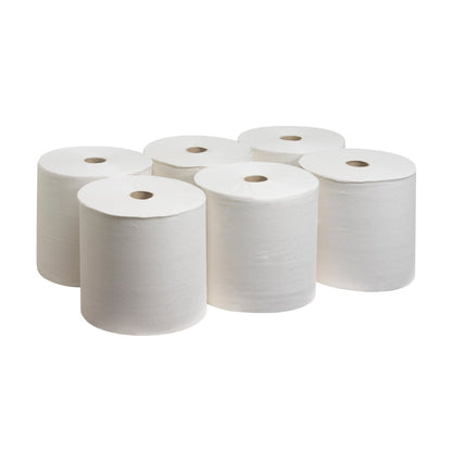 Sex vita Scott® PERFORMANCE-handduksrullar från Kimberly-Clark GmbH är arrangerade i två rader om tre på en enfärgad bakgrund och betonar därmed hållbarhet och handhygien lika mycket. Kartongen innehåller 6 rullar x 1 ark.