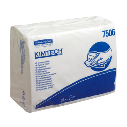 En förseglad vit-blå förpackning från Kimberly-Clark GmbH med texten "Kimtech® Absorberande vårddukar - Z-vikt" innehåller 16 påsar med 50 ark vardera, med flerspråkig instruktion och illustration för handtorkning för professionellt bruk.
