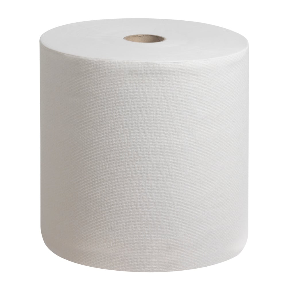 En stor, vit Scott® PERFORMANCE-handduksrulle från Kimberly-Clark GmbH står upprätt på en enfärgad bakgrund - perfekt för att främja handhygien på ett miljövänligt sätt. 6 rullar per kartong.