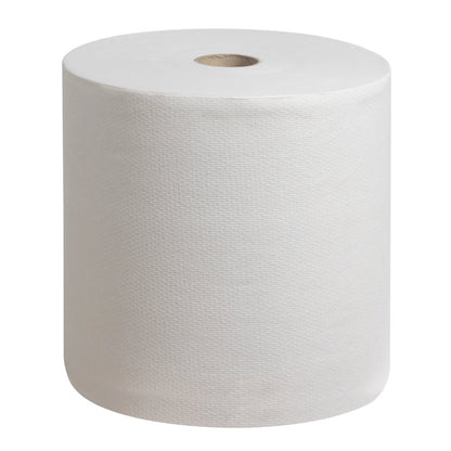 En stor, vit Scott® PERFORMANCE-handduksrulle från Kimberly-Clark GmbH står upprätt på en enfärgad bakgrund - perfekt för att främja handhygien på ett miljövänligt sätt. 6 rullar per kartong.