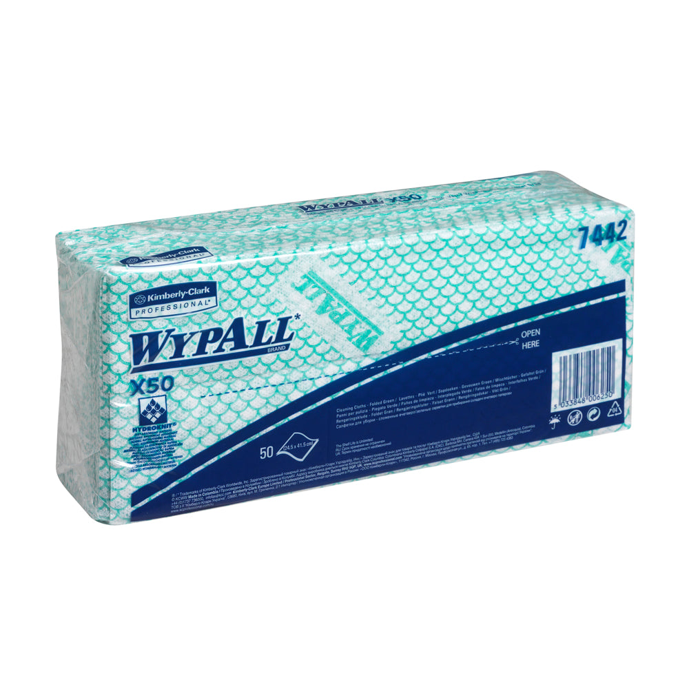 Eine rechteckige, versiegelte Packung WypAll® X50 Critical Clean Wischtücher der Kimberly-Clark GmbH in grüner und weißer Verpackung enthält 50 gefaltete Blätter pro Beutel; verkauft als 6 Beutel (300 Tücher) mit klarem Branding auf dem Karton.