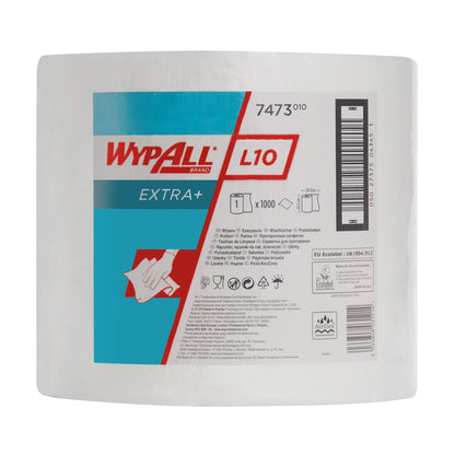 En stor vit WypAll® L10 EXTRA+ torkduk stor rulle (38,00 cm x 23,50 cm) från Kimberly-Clark GmbH med blå-vit etikett, användningsdiagram för rengöring av ytor och streckkoder.