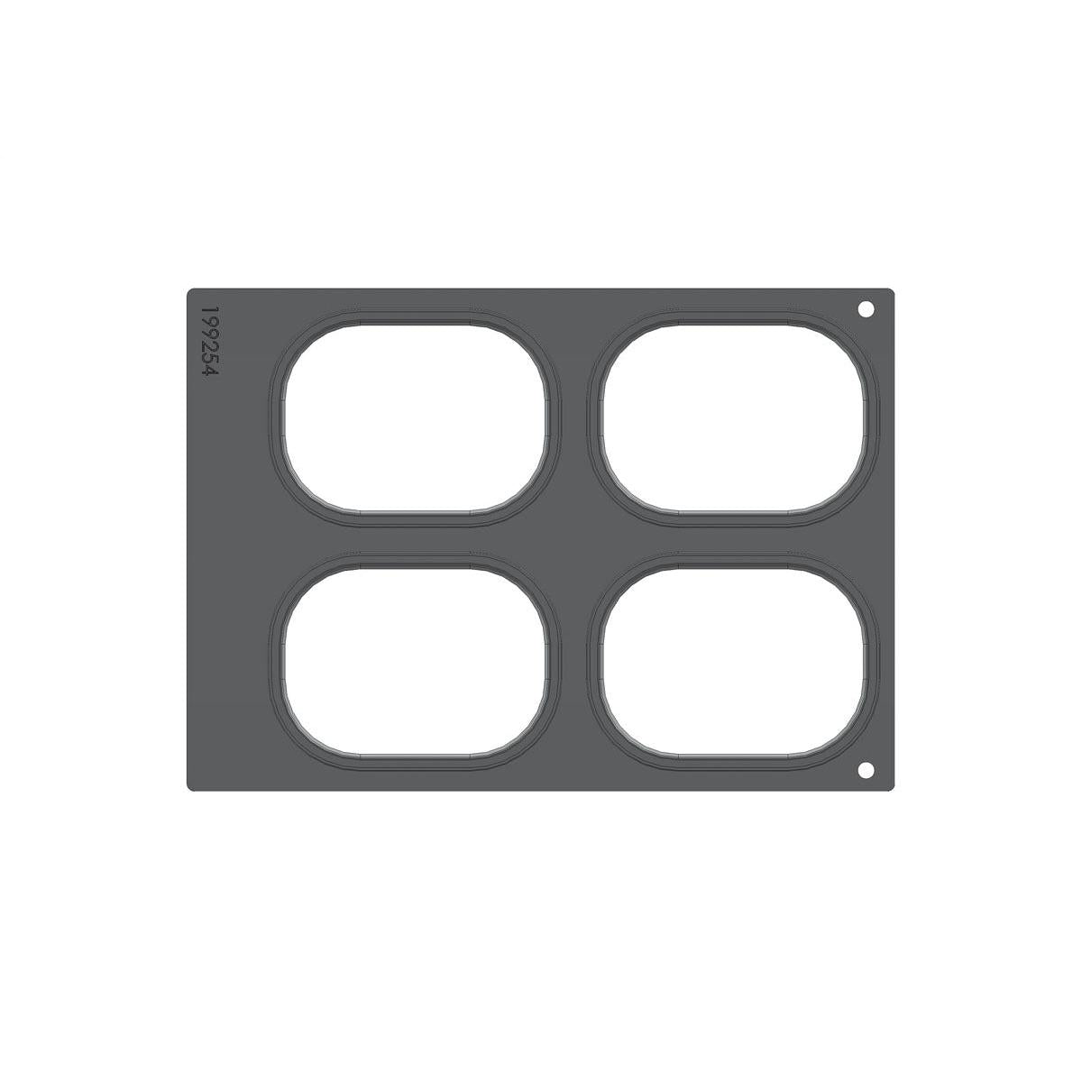 Kassetten DF 10/DF20 för Brick Mini (4-fack) från Duni GmbH är en grå silikonform med fyra stora, rundade, rektangulära fördjupningar, ett litet hål uppe till höger och numret 199254 - perfekt för förpackning och förvaring.