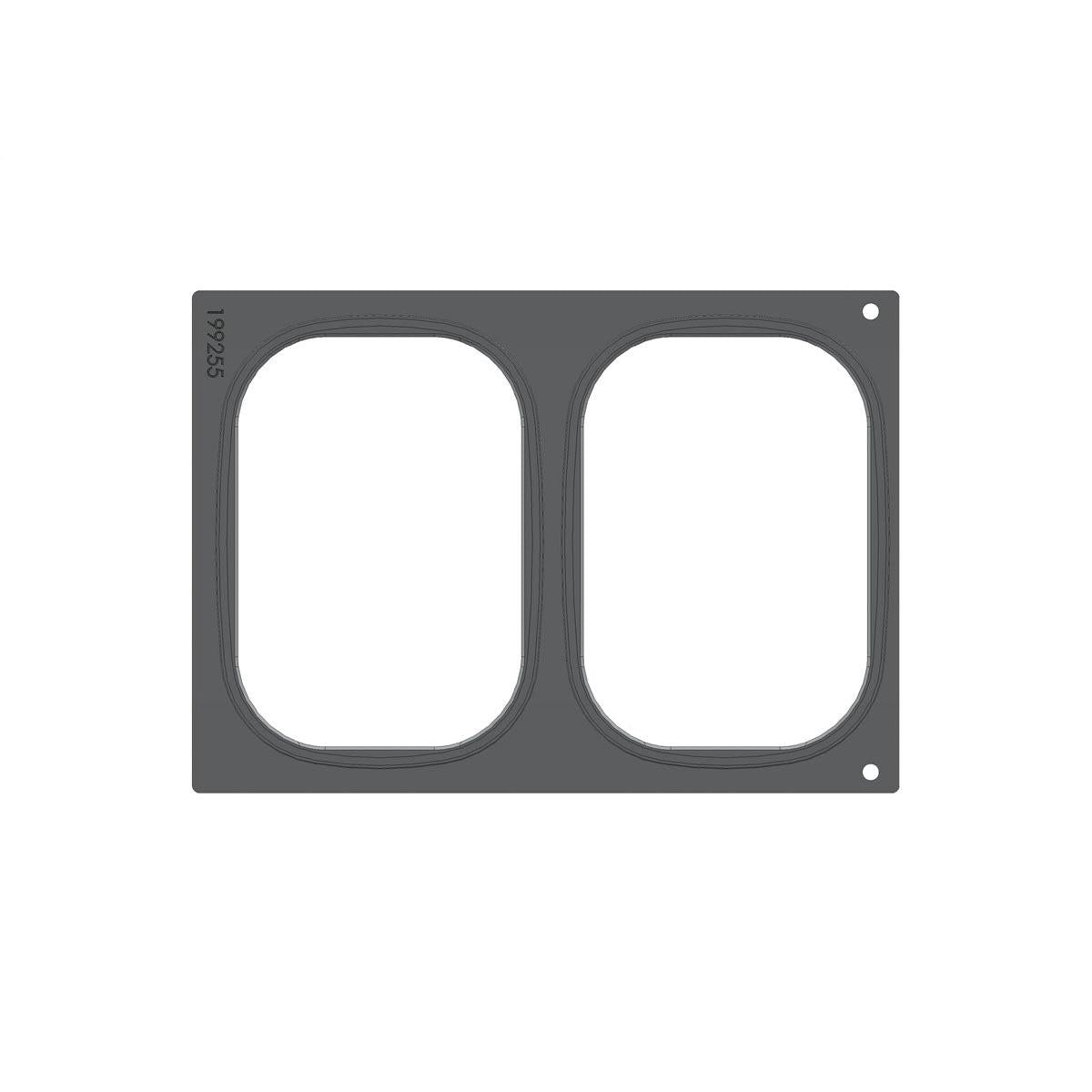 En rektangulär grå ram från Duni GmbH, kassett DF 10/DF20 för Brick Medium (2-användning), med två runda utskärningar bredvid varandra, "19255" vertikalt tryckt på vänstra kanten och två små cirkulära hål på höger sida.