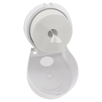 Scott® Control™ toalettpappersdispenser från Kimberly-Clark GmbH i vit (Jumbo) monteras på väggen med öppet lock och visar den hygieniska toalettpappersdispensern med en central öppning och ett utstickande ark.