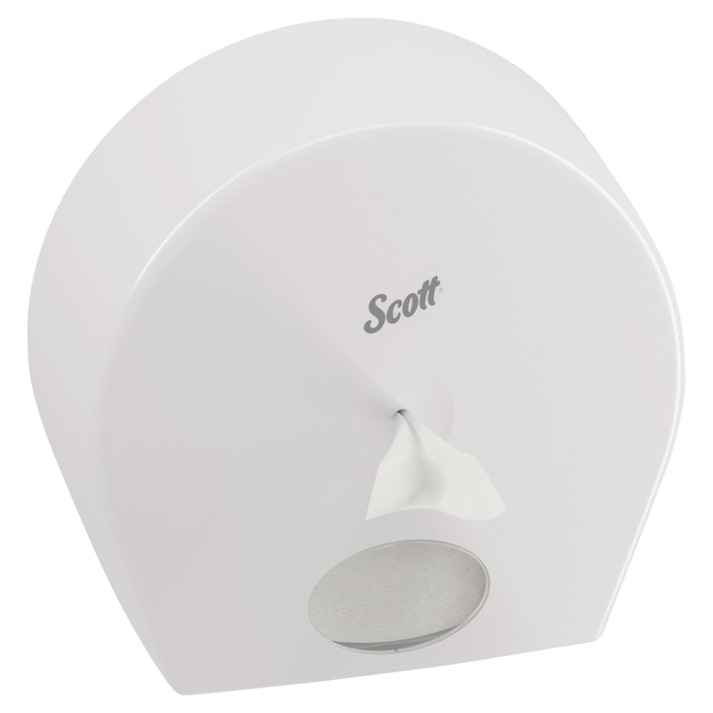 Scott® Control™ toalettpappersdispenser (Vit, Jumbo) från Kimberly-Clark GmbH har ett genomskinligt fönster på undersidan som visar rullen och dispenserar hygieniskt enskilda ark från den främre öppningen.