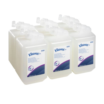 Sex 1L-patroner Kleenex® hår- och kroppsschampo från Kimberly-Clark GmbH är arrangerade i två rader om tre på vit bakgrund - idealiskt för skonsam rengöring och vård i alla miljöer.