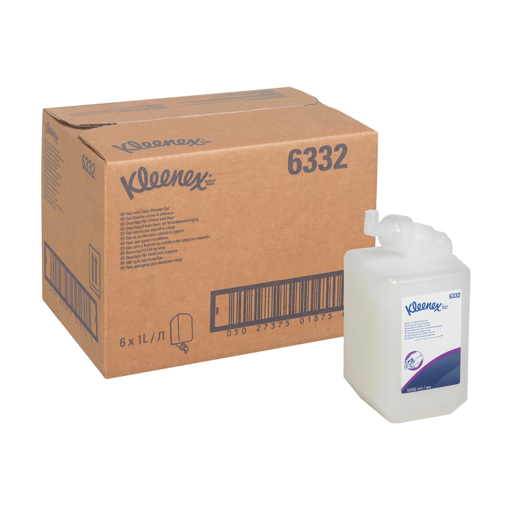 En stor vit Kleenex® hår- och kroppsschampo 1L kassettlåda (6 patroner) från Kimberly-Clark GmbH står bredvid en genomskinlig dispenser, båda med varumärke och perfekt för effektiv rengöring och skonsam vård.