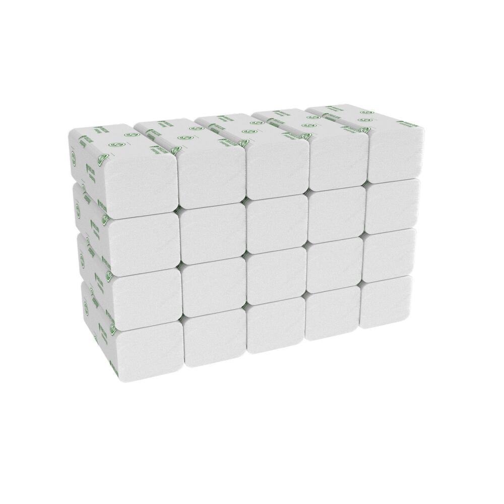 En stapel med 24 vita toalettpappersrullar, idealisk för att kombinera med Kimberly-Clark GmbH Hostess™ NATURA™ handdukar - C-vikning, vit, M (20 klämmor x 140 ark) för en komplett hygienlösning.