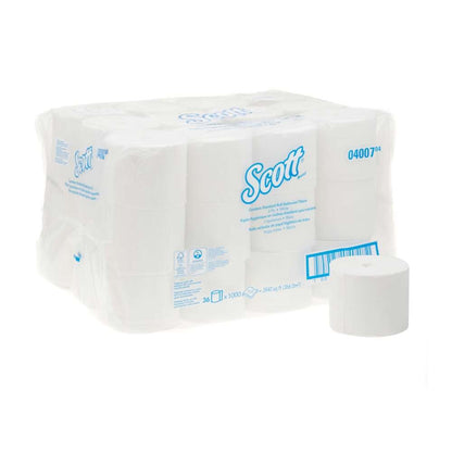 Eine Packung Scott® Essential™ Toilettenpapierrollen - Coreless / Weiß von Kimberly-Clark GmbH, enthält 36 kleine Rollen x 1000 Blatt, verpackt in transparentem Kunststoff; eine Rolle ist vorne außerhalb des Kartons angebracht.