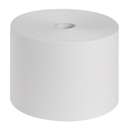 Scott® ESSENTIAL™ läkarroller från Kimberly-Clark GmbH, 6 rullar x 200 ark, i vitt, står upprätt, med en synlig pappkärna i mitten - perfekt för hygien inom det medicinska området mot en enkel vit bakgrund.