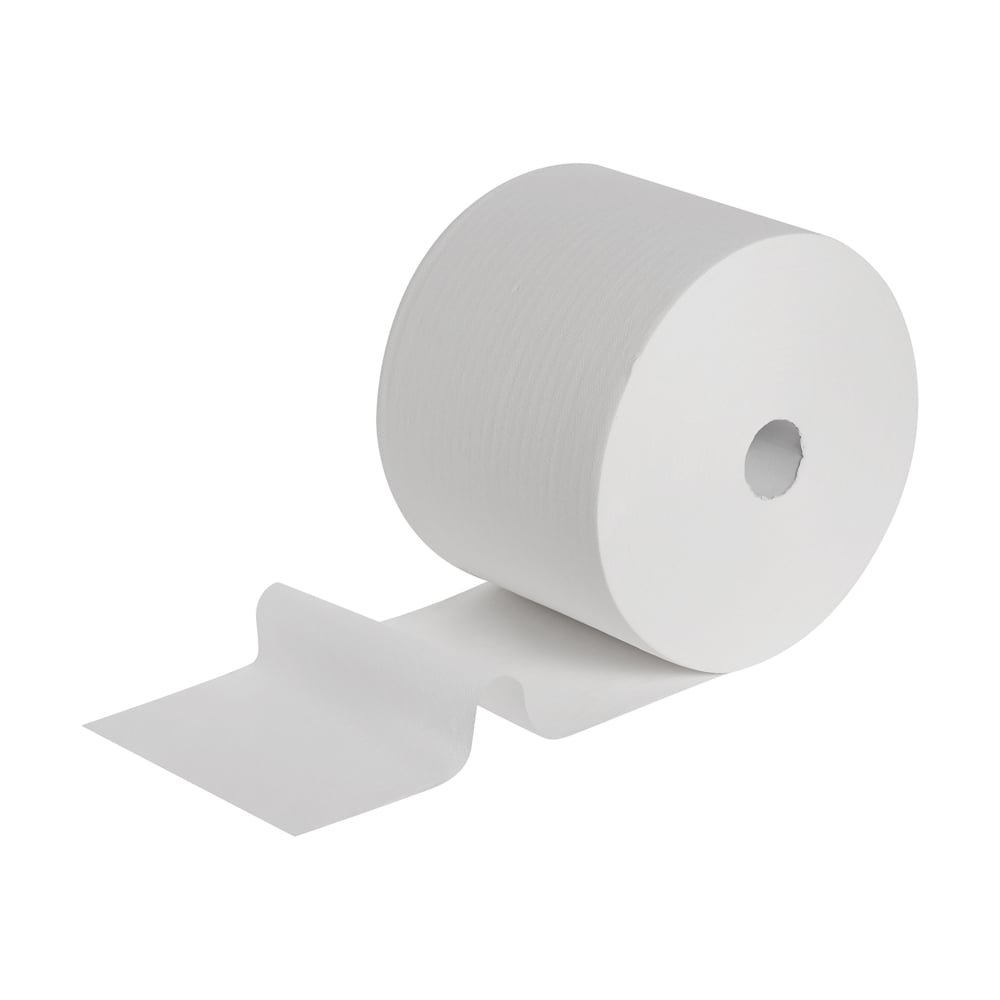 En Scott® ESSENTIAL™ läkarroll från Kimberly-Clark GmbH är avbildad i vitt, delvis utrullad och liggande platt. Varje förpackning innehåller 6 rullar med 200 ark per rulle, idealisk för hygieniskt bruk i medicinska anläggningar.