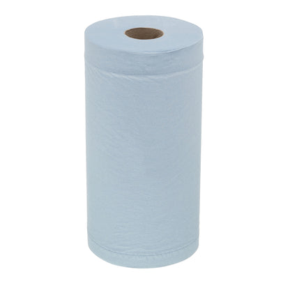 Abgebildet ist eine volle, aufrecht stehende Rolle WypAll® L20 Papierwischtuch für Instandhaltungsarbeiten (Blau, 2-lagig) der Kimberly-Clark GmbH mit sichtbarer Pappröhre. Perfekt für professionelle Reinigungsaufgaben. Packung: 24 Rollen x 116 Blatt.
