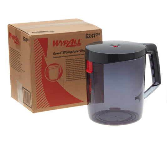 Ein Karton mit der Aufschrift "WypAll® Reach™ Centrefeed Dispenser - Schwarz - 1 Dispenser" der Kimberly-Clark GmbH steht neben einem großen, durchscheinenden grauen Papierhandtuchspender mit schwarzem Deckel und Griff, beide auf weißem Hintergrund.