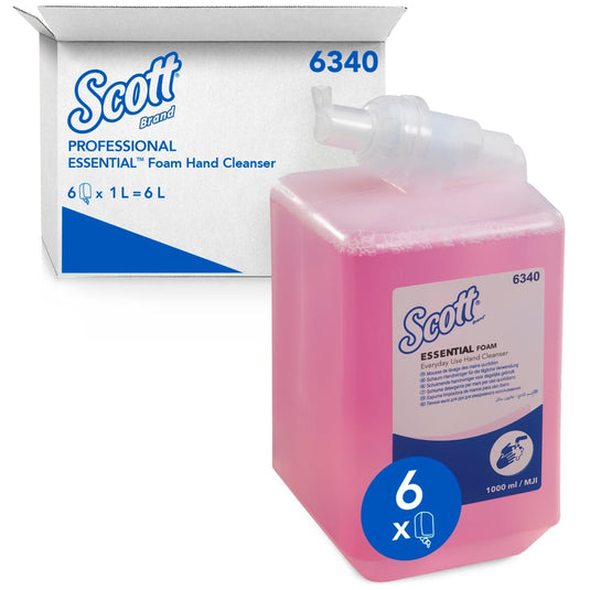 Scott® Essential™ skumtvål för daglig användning (1 l, rosa, patron) från Kimberly-Clark GmbH finns i en kartong med 6 patroner – totalt 6 liter påfyllningsmängd för din handhygien.