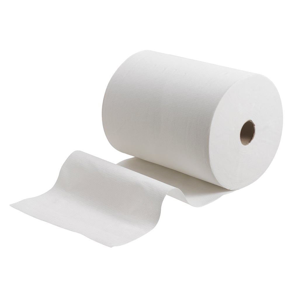 En stor rulle Scott® Control™ Slimroll™ handdukar från Kimberly-Clark GmbH visar utdragna ark som erbjuder platsbesparande, hygienisk handtorkning. Produkt: 6 rullar x 1 ark, vit, kartong (6 rullar).