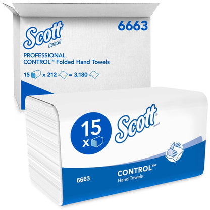 En låda Scott® CONTROL™ vikta handdukar - Vit från Kimberly-Clark GmbH innehåller 15 paket med vardera 212 ark (totalt: 3.180 ark) för hygienisk handtorkning. Produktnumret 6663 är synligt på förpackningen.