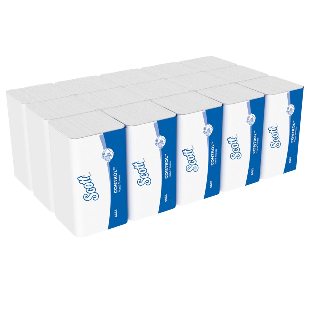 En stapel Scott® CONTROL™ vikta handdukar från Kimberly-Clark GmbH i vitt, 15 paket x 212 ark per kartong (15 paket), kännetecknas av en absorberande design som är idealisk för hygienisk handtorkning - totalt 3.180 ark.