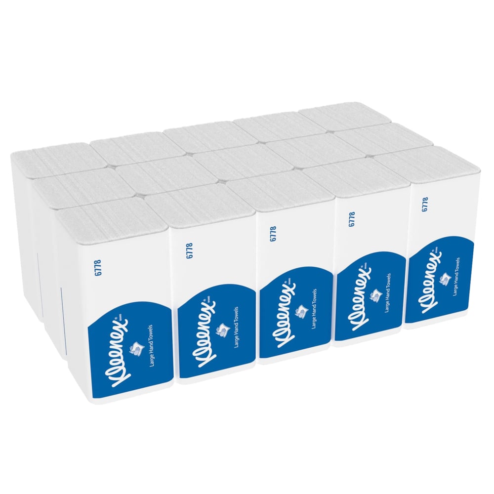 En storpack Kleenex® vikta handdukar från Kimberly-Clark GmbH: 15 paket à 124 vita handdukar i kartong - praktiskt, hygieniskt och idealiskt för ordnad uttagning.