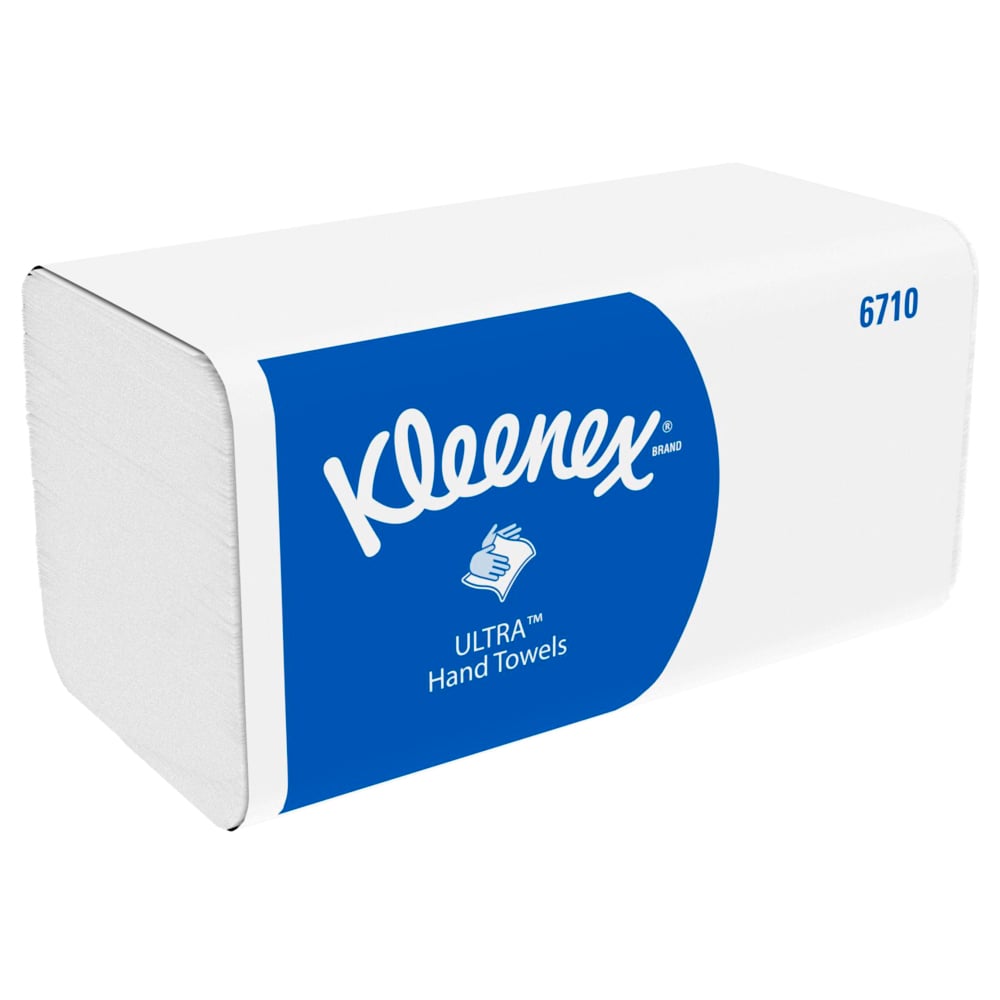 En rektangulär låda med Kleenex® Ultra™ vikta handdukar Interfold, vit, 15 x 96 ark från Kimberly-Clark GmbH - idealisk för hygienisk handtorkning, med blå etikett, varumärke, handsymbol och produktnummer 6710.