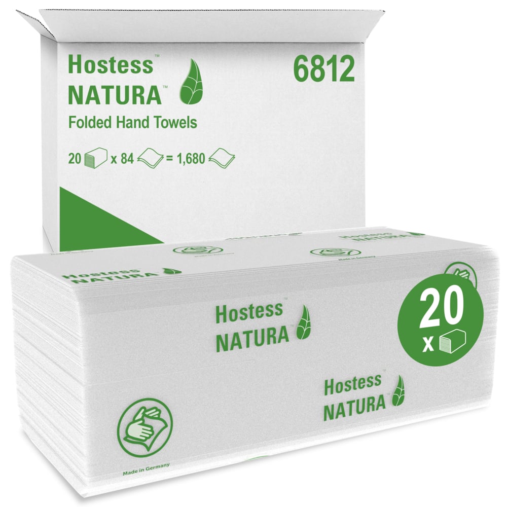 En låda med Hostess™ NATURA™ handdukar från Kimberly-Clark GmbH innehåller 20 paket med 84 vikta vita handdukar (totalt 1 680) i en gröntryckt förpackning - idealiska pappershanddukar för offentlig eller kommersiell användning.