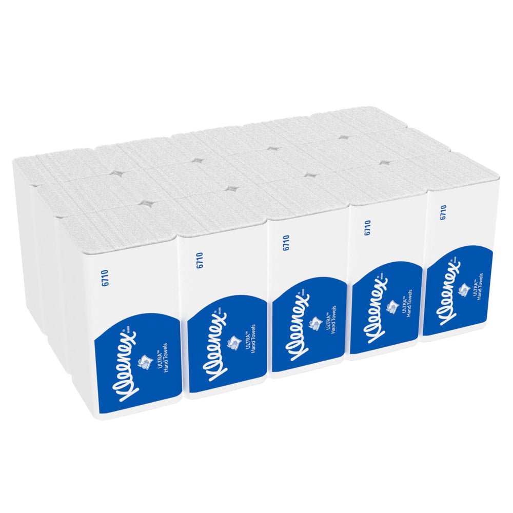 En kartong med 15 förpackningar Kleenex® Ultra™ vikta handdukar Interfold (vit, 96 ark per förpackning) från Kimberly-Clark GmbH, idealisk för hygienisk handtorkning.