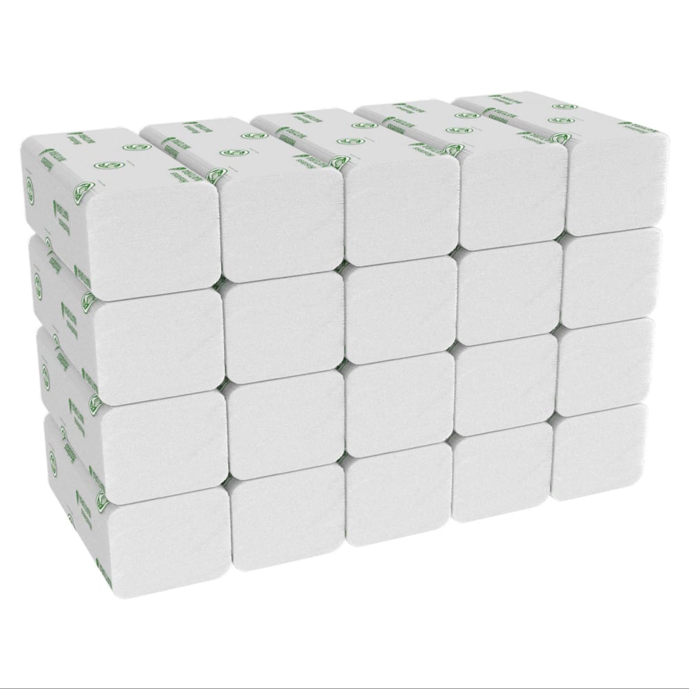 En låda med Hostess™ NATURA™ handdukar från Kimberly-Clark GmbH - 20 paket stora, vikta vita handdukar (vardera 84 ark), idealiska för offentliga toaletter, som är utrustade med pappershanddukar eller liknande produkter.