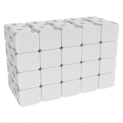En låda med Hostess™ NATURA™ handdukar från Kimberly-Clark GmbH - 20 paket stora, vikta vita handdukar (vardera 84 ark), idealiska för offentliga toaletter, som är utrustade med pappershanddukar eller liknande produkter.