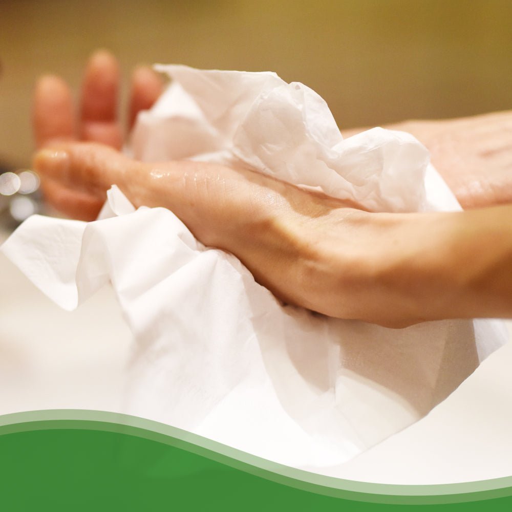 En person torkar sina händer med Hostess™ NATURA™ vikta handdukar vita från Kimberly-Clark GmbH. Den suddiga bakgrunden och den gröna, vågiga kanten framhäver produktens lämpliga pappershanddukar för offentliga toaletter.