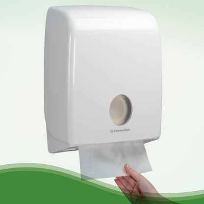 En hand drar ut en Hostess™ NATURA™ handduk vit från Kimberly-Clark GmbH från en väggmonterad dispenser med vit plastkåpa och fönster - idealisk för offentliga toaletter. 20 klipp x 84 ark/kartong.