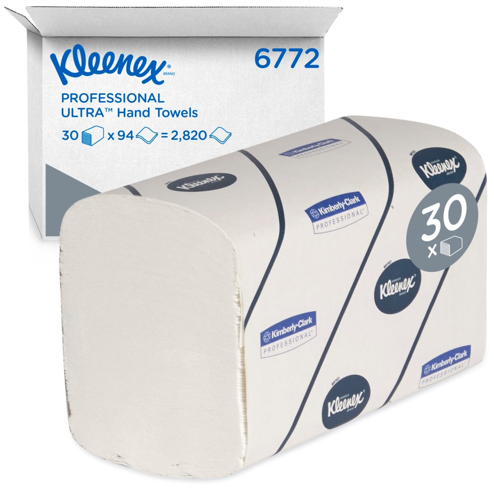 En låda Kleenex® Ultra™ handdukar - Interfold/Vit/Stor från Kimberly-Clark GmbH innehåller 30 förpackningar med 94 ark vardera, totalt 2 820 absorberande handdukar i hygienisk märkesförpackning.