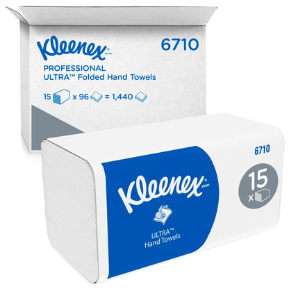Kleenex® Ultra™ vikta handdukar från Kimberly-Clark GmbH innehåller 15 förpackningar med 96 vita vikta handdukar (totalt 1 440 stycken) i en blå-vit förpackning för hygienisk handtorkning i alla miljöer.