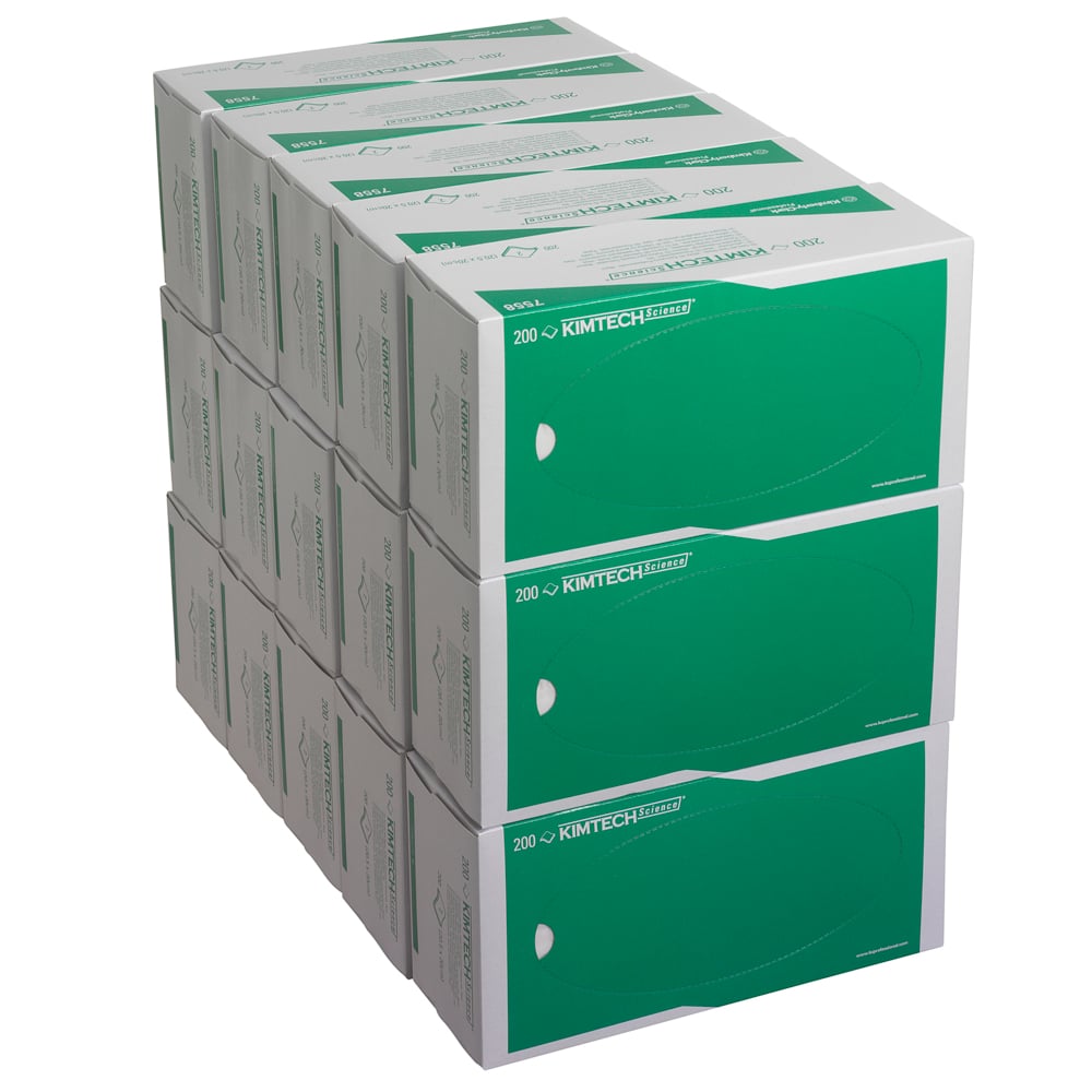 En hög med femton lådor Kimtech® Science precisionstorkdukar från Kimberly-Clark med 200 vita dukar vardera - idealisk för rengöring av känsliga ytor. Totalt: 15 kartonger x 200 ark per kartong.