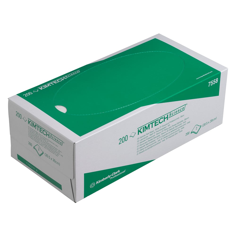 En grön-vit Kimberly-Clark-låda med texten "Kimtech® Science precisionstorkdukar" innehåller 200 vita laboratoriedukar för rengöring av känsliga ytor, med modell 7558 på lådan och en oval öppning på toppen (15 x 200 dukar/kartong).