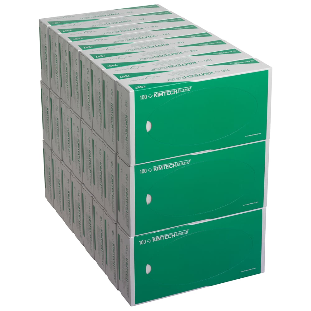 En stapel med 24 Kimberly-Clark Kimtech® Science precisionsservetterlådor, vit 2-lagers med "100" branding - perfekt för laboratorier som förutom skyddshandskar också behöver högkvalitativa precisionsservetter.