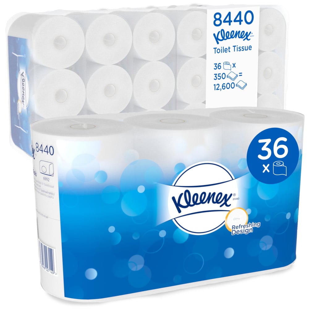 En kartong från Kimberly-Clark GmbH med sex förpackningar Kleenex® toalettpapper med vardera 6 vita rullar (350 ark per rulle), totalt 36 rullar och 12 600 ark; förpackningen är designad i vitt och blått.
